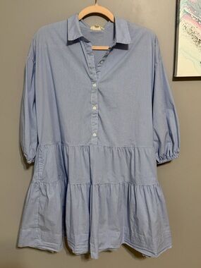 Elab Babydoll Ruffle Dress Blue Pinstripe Button Tunic